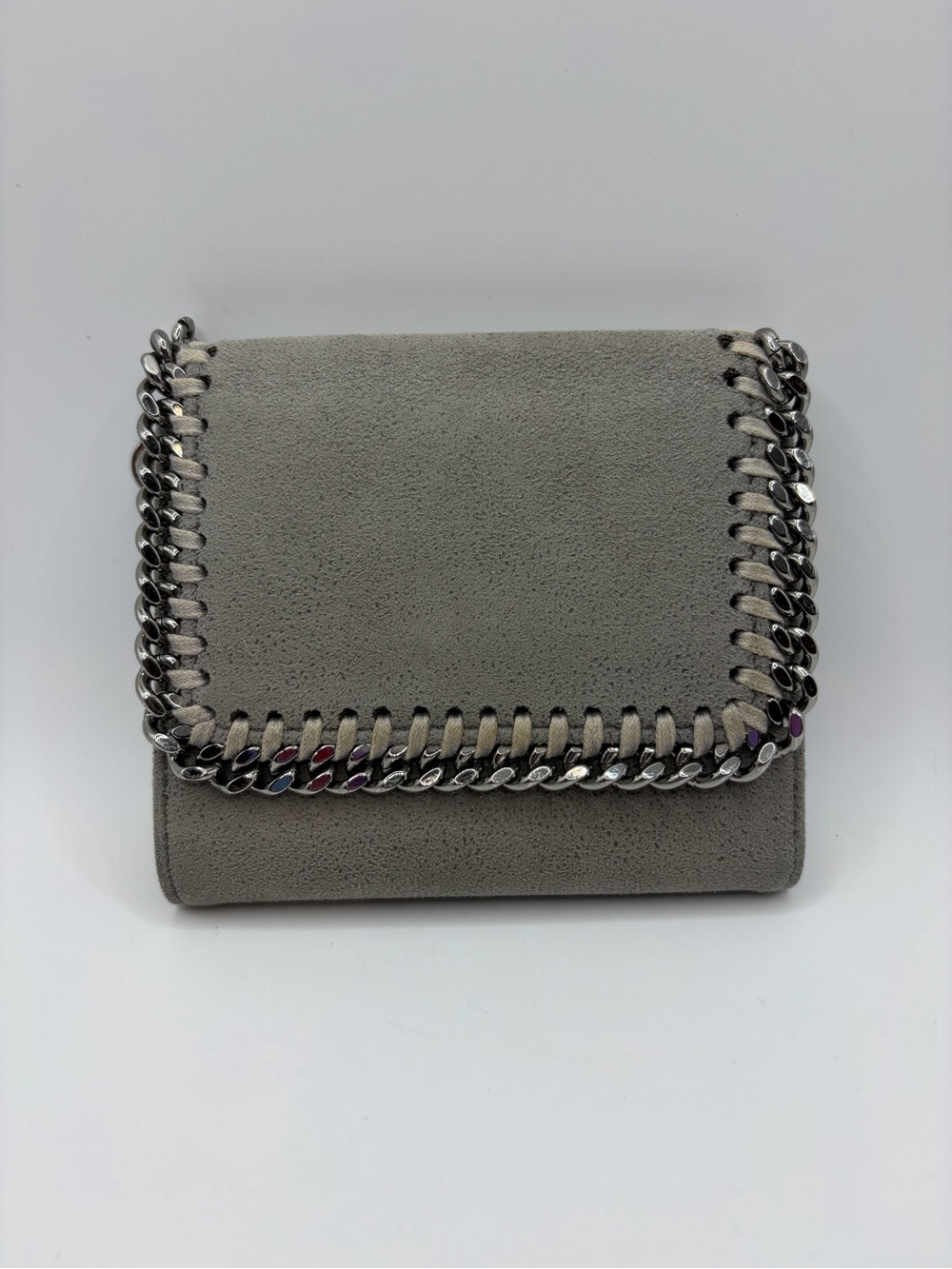 Stella McCartney grey vegan suede compact wallet with silver chain EUC